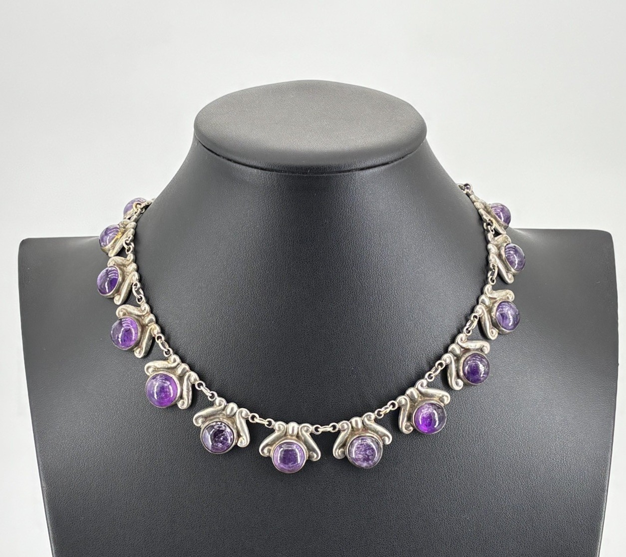 Vintage LOS CASTILLO 925 Sterling Silver Amethyst Floral Panel Link Necklace 15″