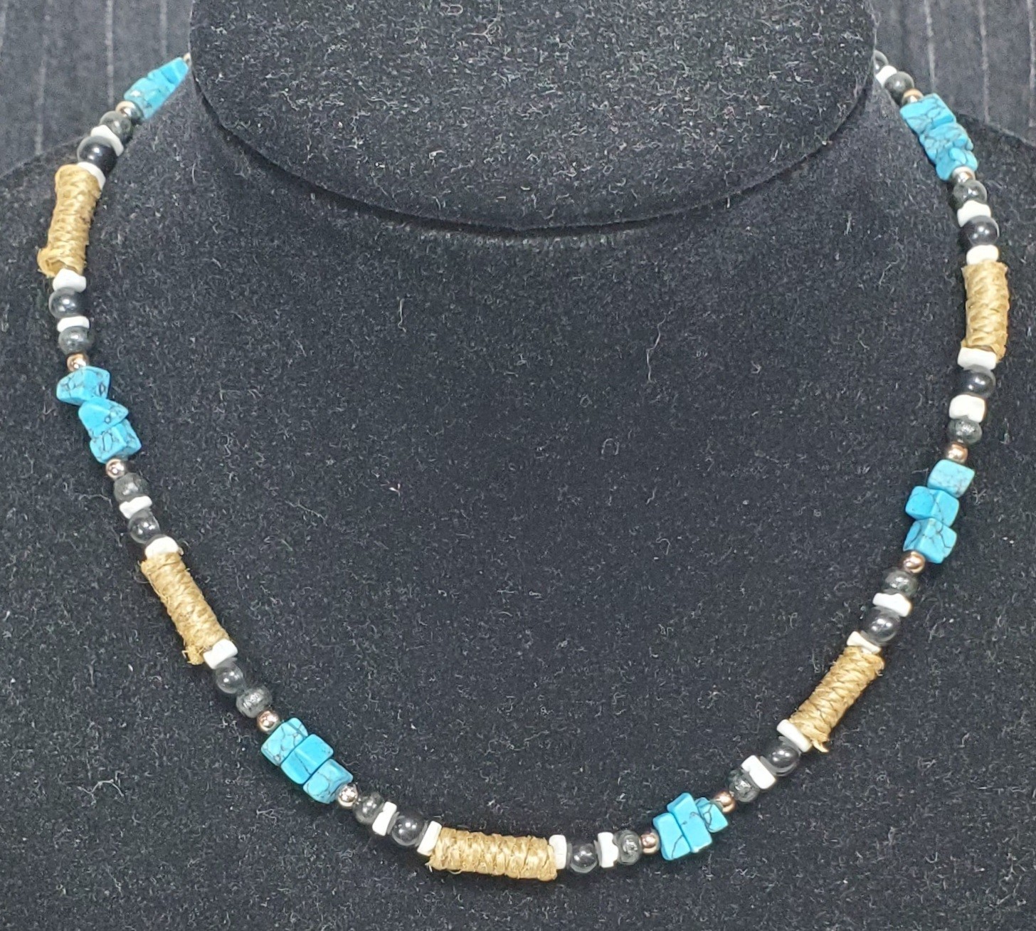 Vtg Panama Jack Southwest Hemp, Turquoise, Black & White Beads Necklace