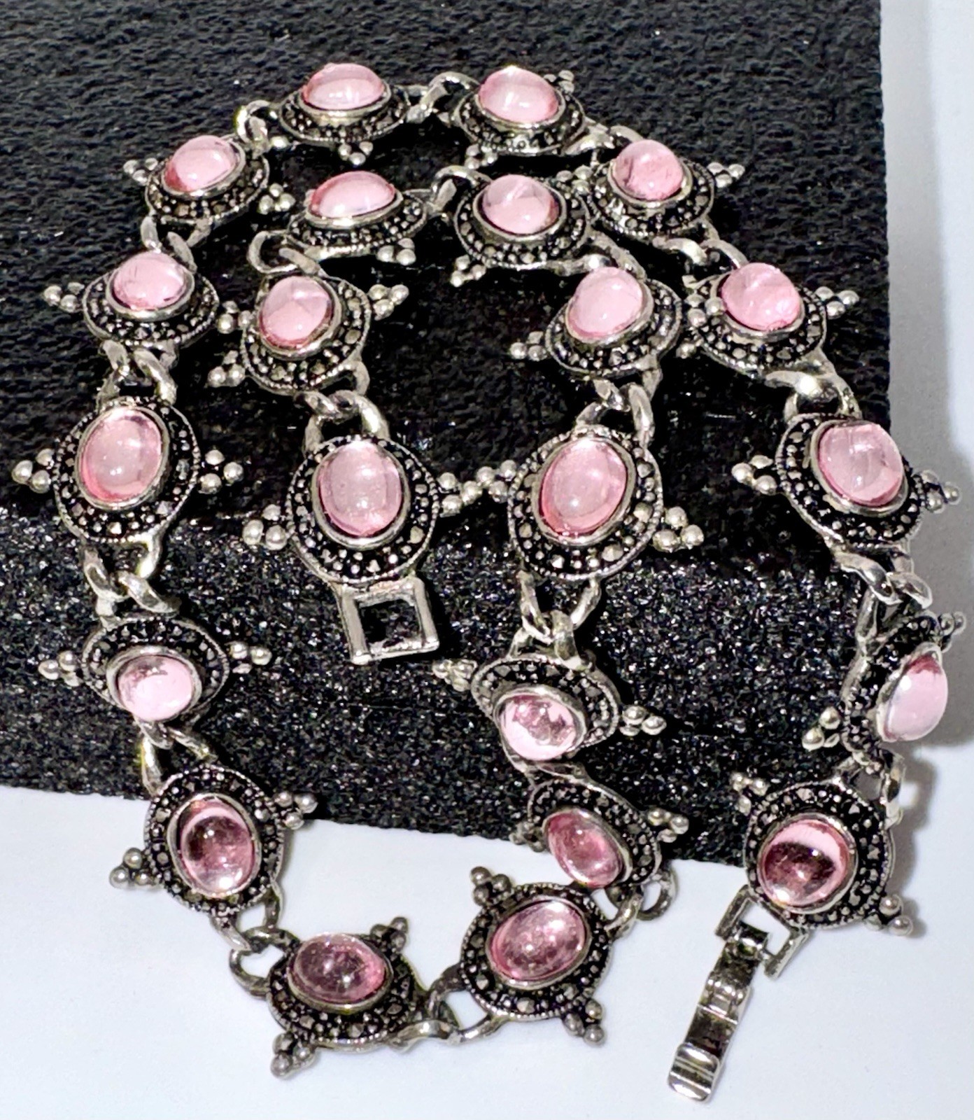 Vintage Silver Beaded & Marcasite Collar Necklace, Bezel Set With Pink Cabochons