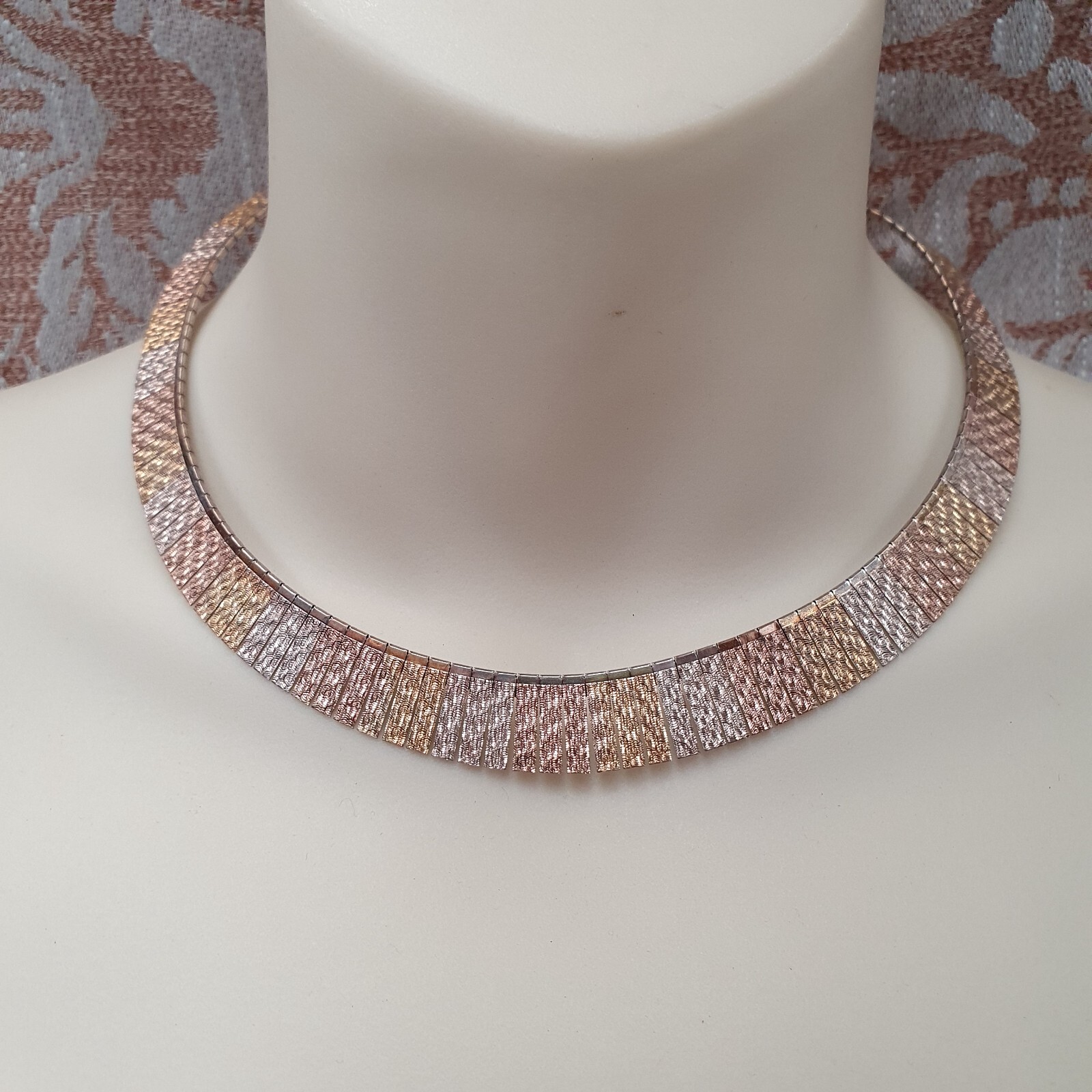 Vintage 3 toned sterling silver, rose and yellow gold plated collar necklace