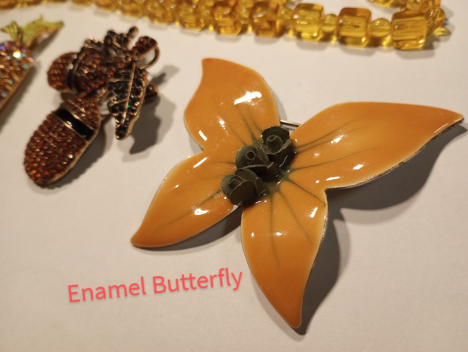 Vtg 5pc Lot FALL COLORS 1 Necklace 4 Brooch Enamel Butterfly Confetti ART Carrot