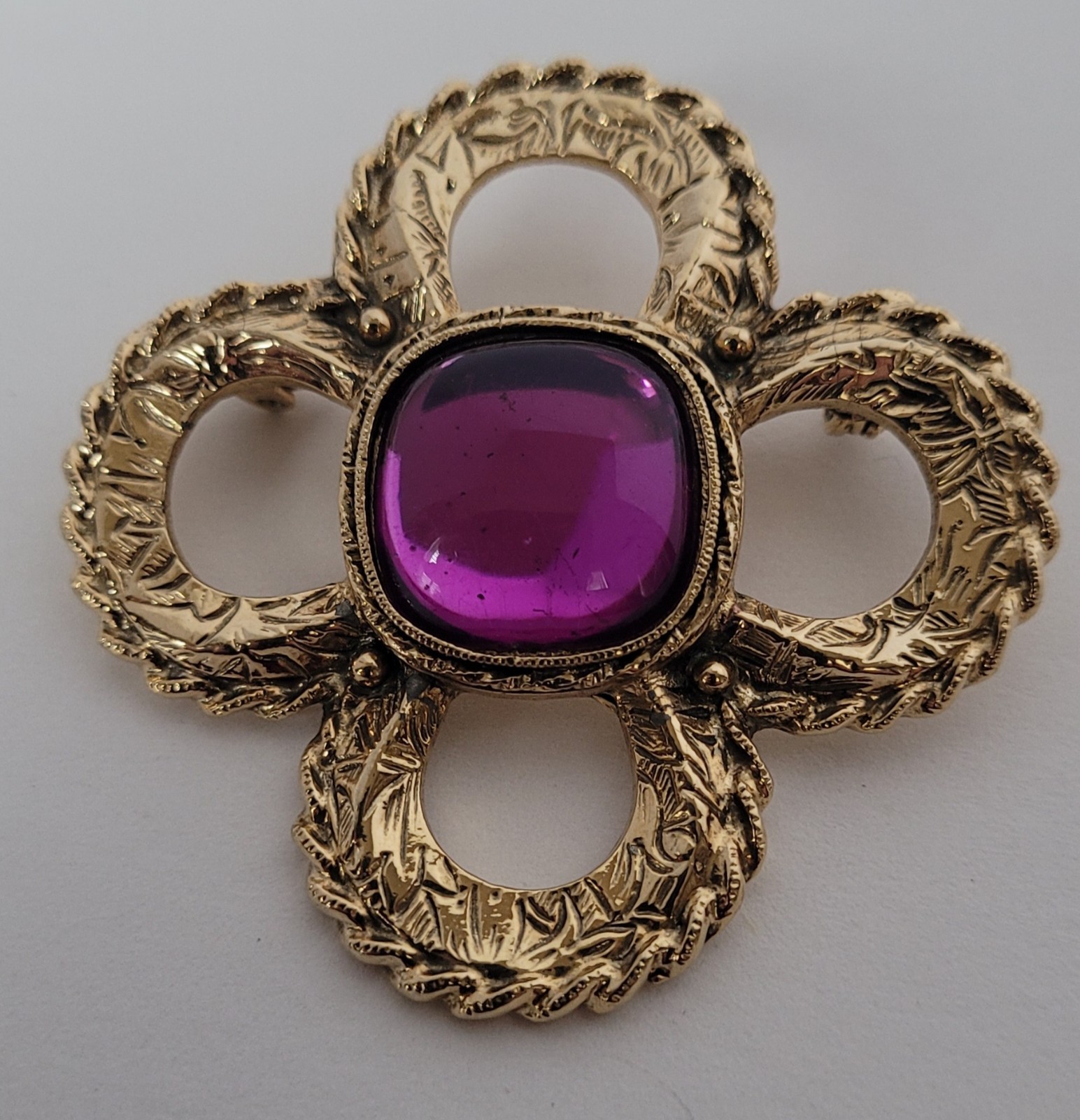 Vintage Gold Colored Metal Cross Brooch Pin Purple Cabochon Unknown Maker