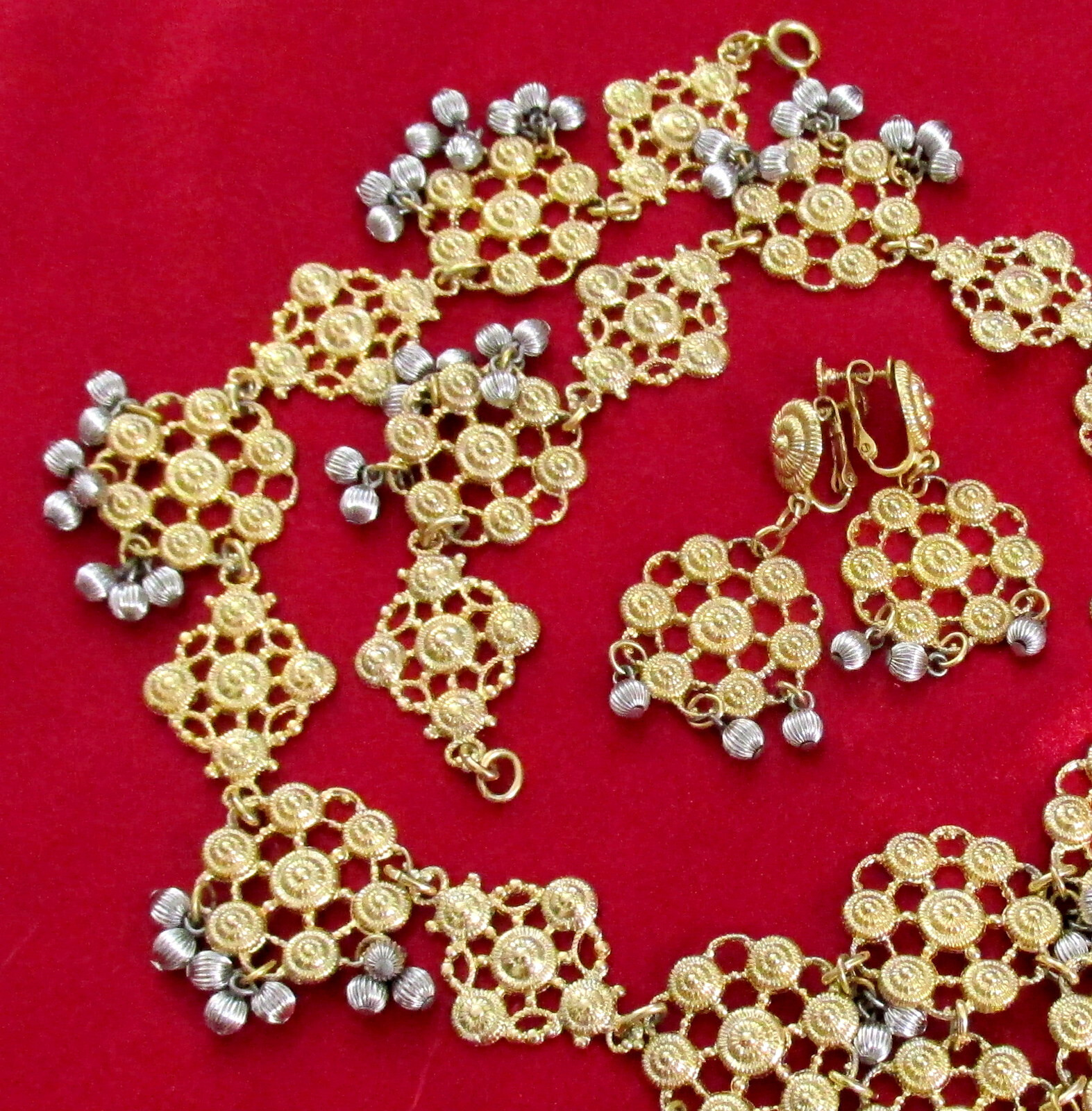VTG Rare 70s Runway GP/Silver NAPIER Cannetille Filigree BIB NECKLACE EARRINGS