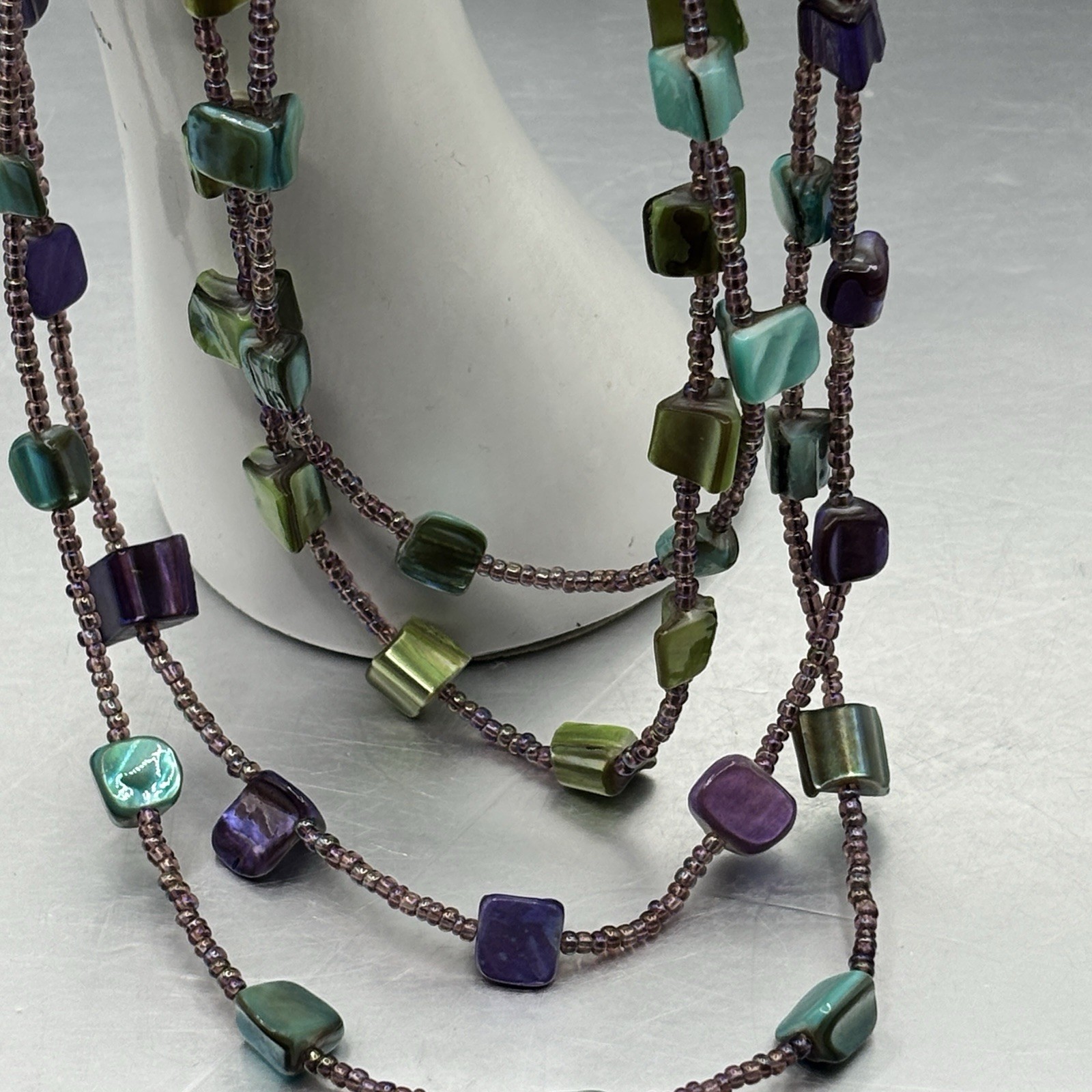4-Strand Shell MOP Abalone Necklace Purple Blue & Seed Beads 15” + 2” Ext Jewels