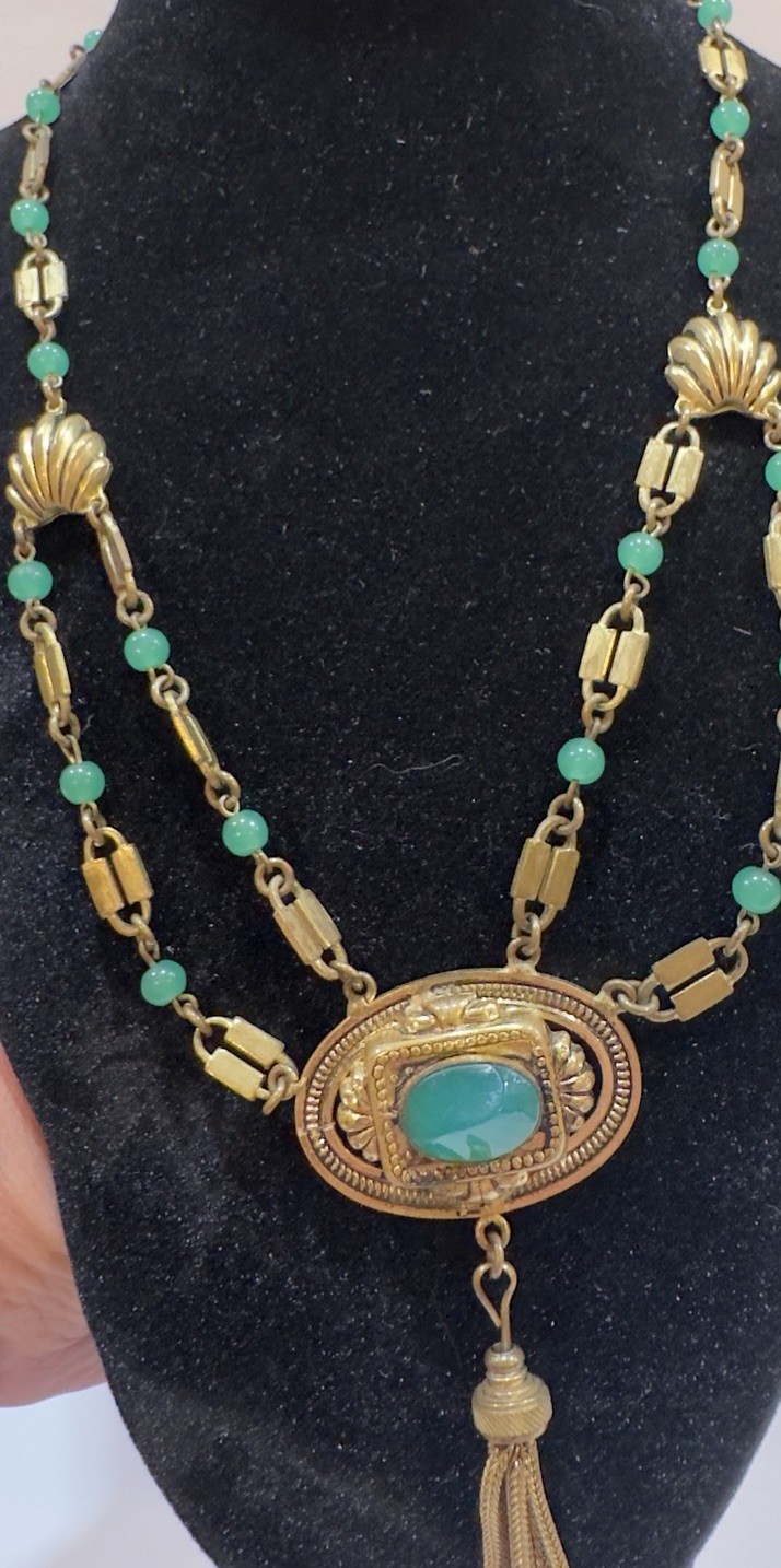 Antique Victorian Revival Green Chrysoprase Glass & Tassel Necklace Czech
