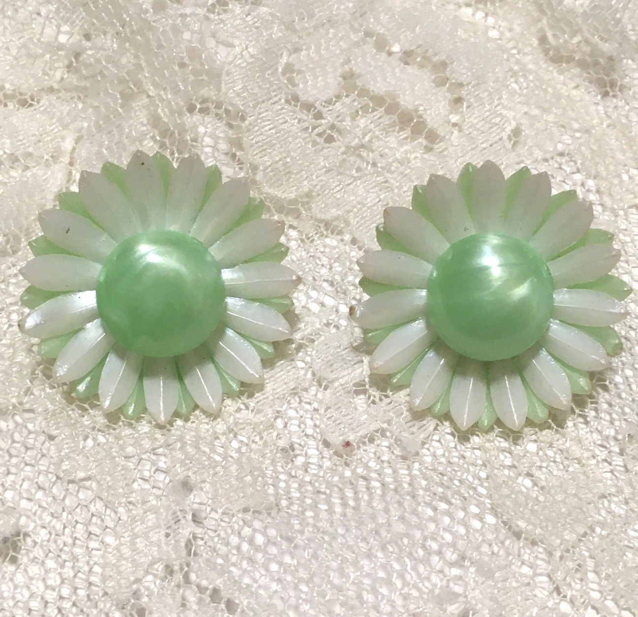Vintage Flower Clip On Earrings Plastic Mint Green Daisy Retro Mid Century