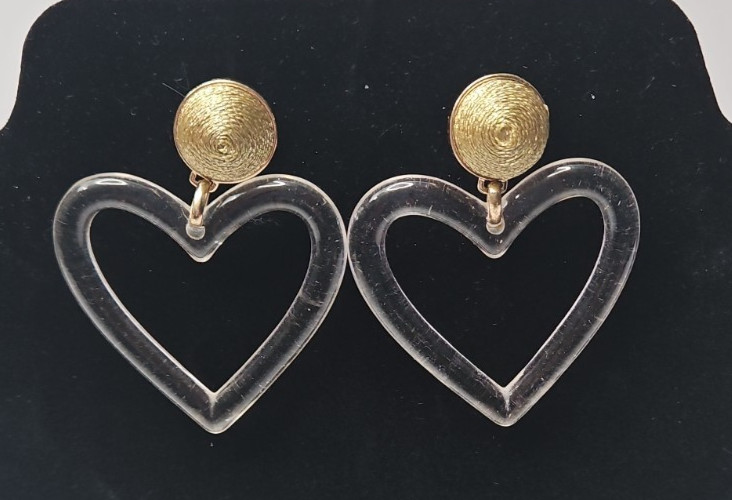 Vtg Dangle Sugarfix Earrings Clear Heart Shaped Frames Textured Gold Tone Studs