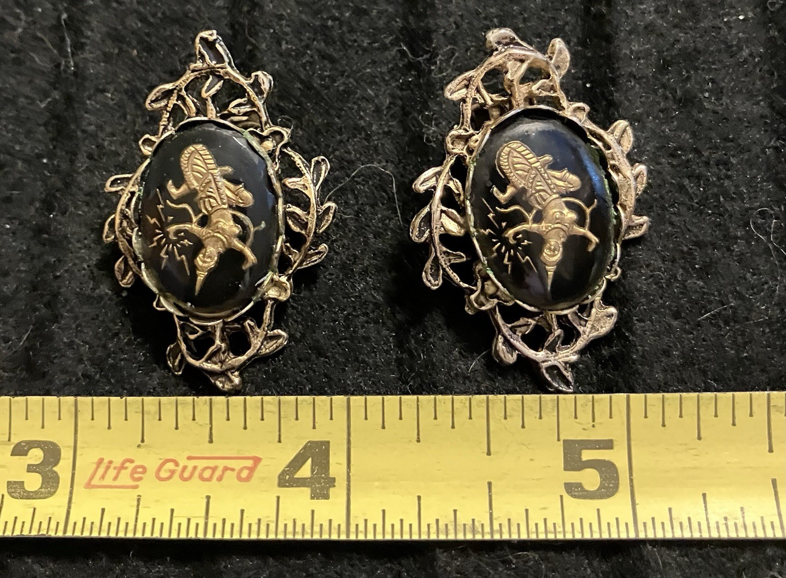 Vintage Siam/Thailand Golden Goddess Black Lucite Link Bracelet & Earrings