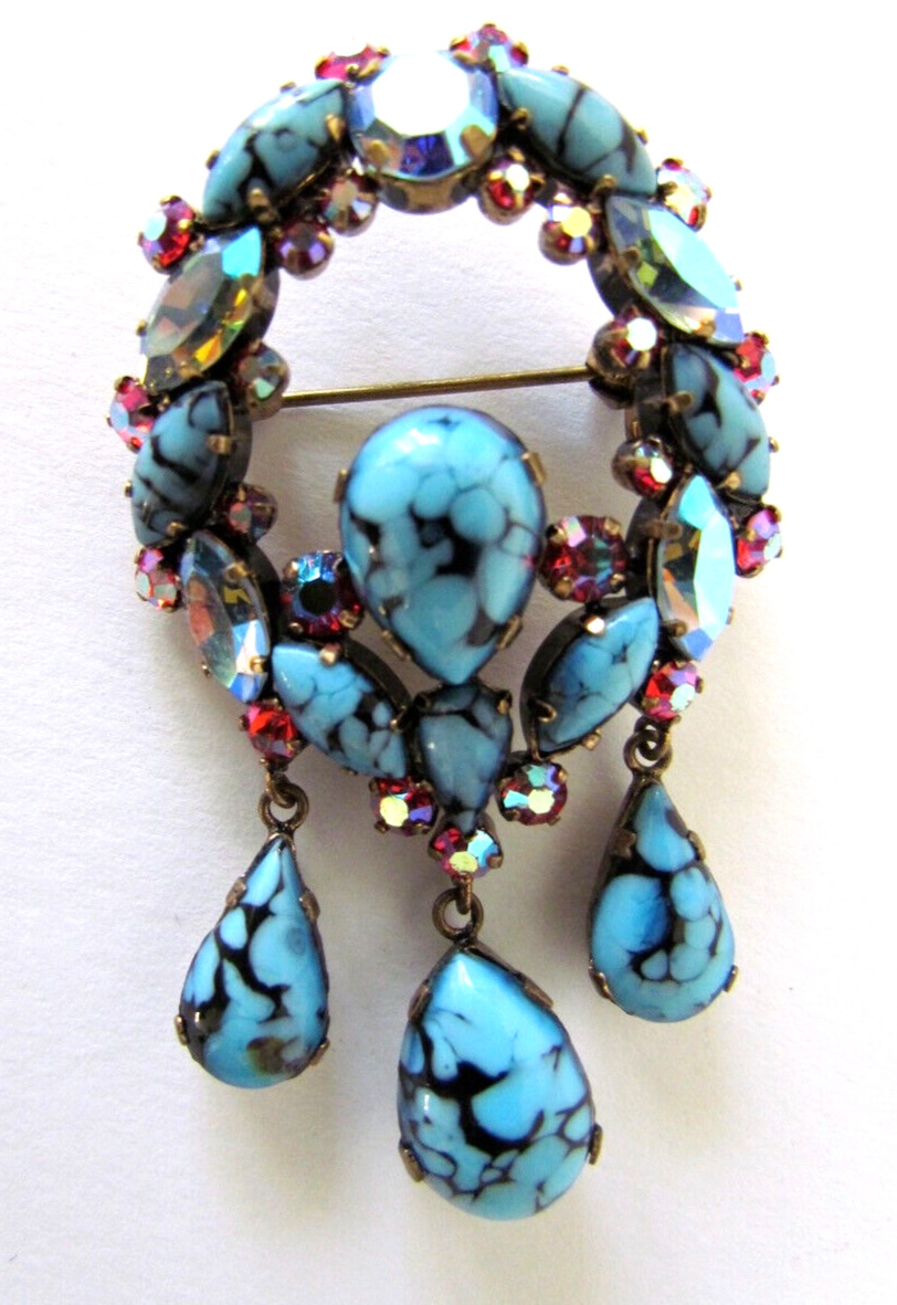 Vintage Austrian Art Glass Dangle Brooch Cabachon Rhinstones Blue Pink Rare