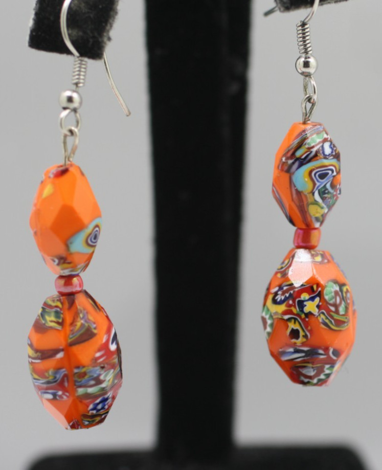 VTG orange faceted glass millefiori beaded hook dangle drop pierced earrings