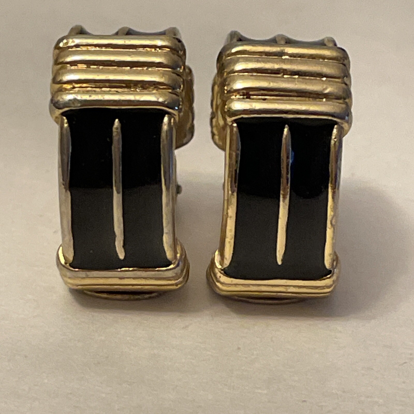 Vintage French Orena Paris Gold Tone Black Enamel Clip On Earrings