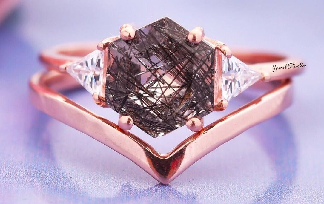 Rutile Ring set Quartz Ring Engagement Ring Bridal Band Ring Wedding Ring Gifts