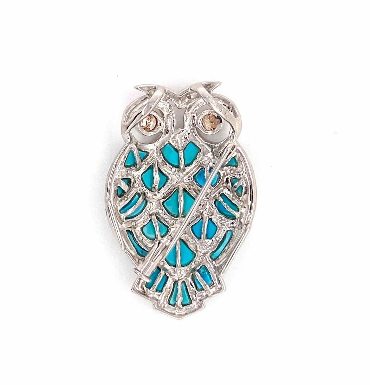 Champagne Diamond Turquoise Owl 18k White Gold Brooch Pendant