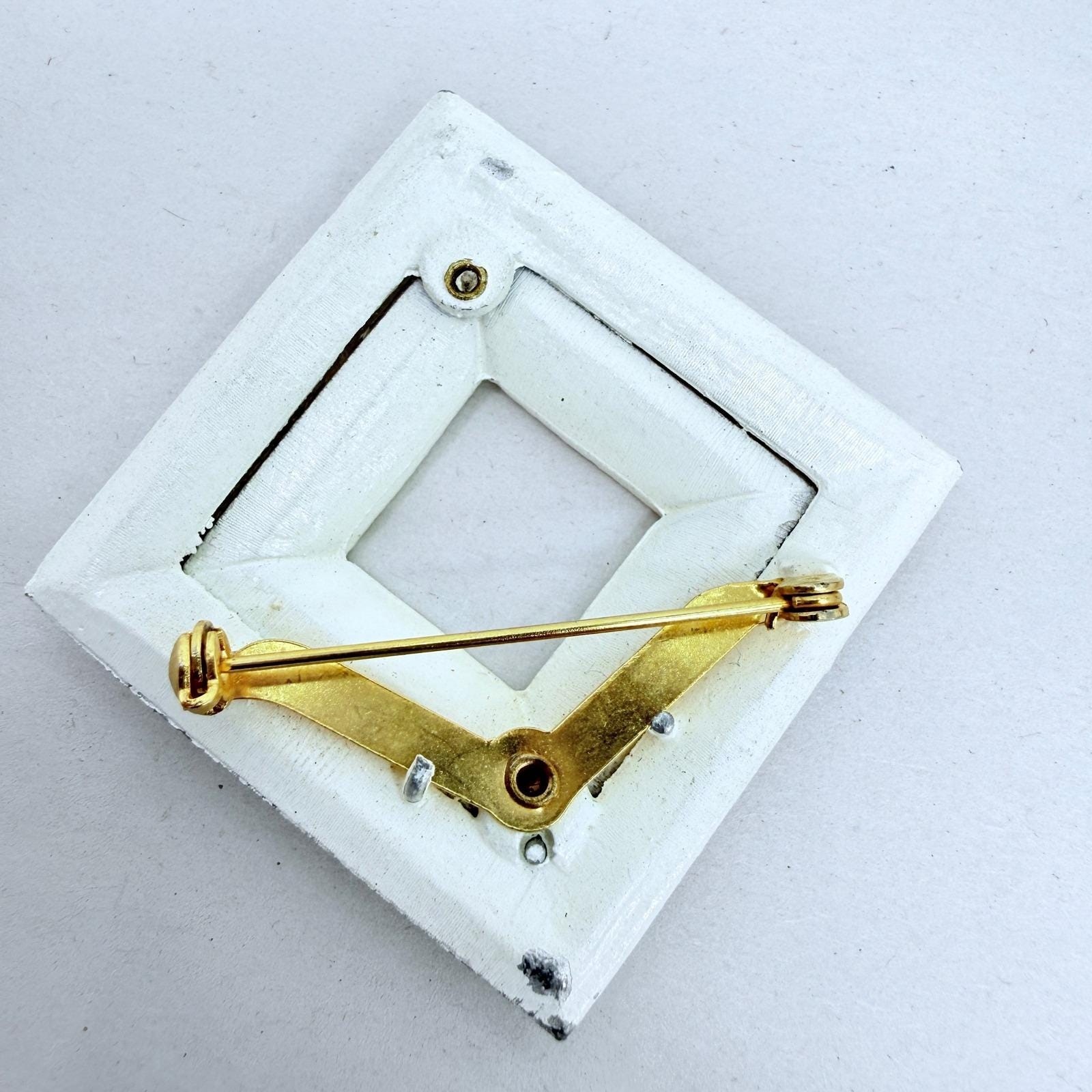 Vintage White Enamel Rhinestone Brooch Pin Geometric Square Pink Purple HEAVY