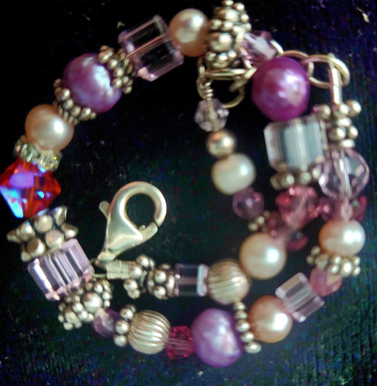 925 STERLING Necklace&Bracelet Multicolor PEARLS & Made With Swarovski CRYSTALS