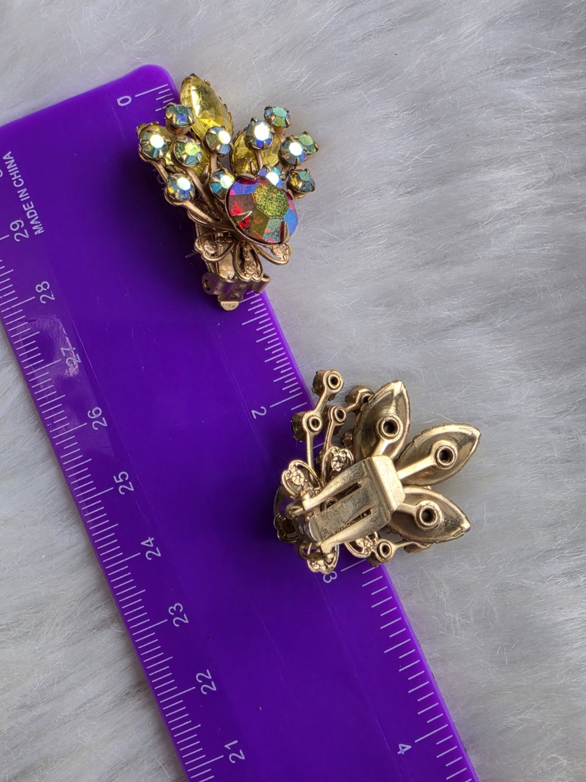 Vintage Multicolor AB Rhinestone Red Yellow Navette Floral Spray Clip Earrings