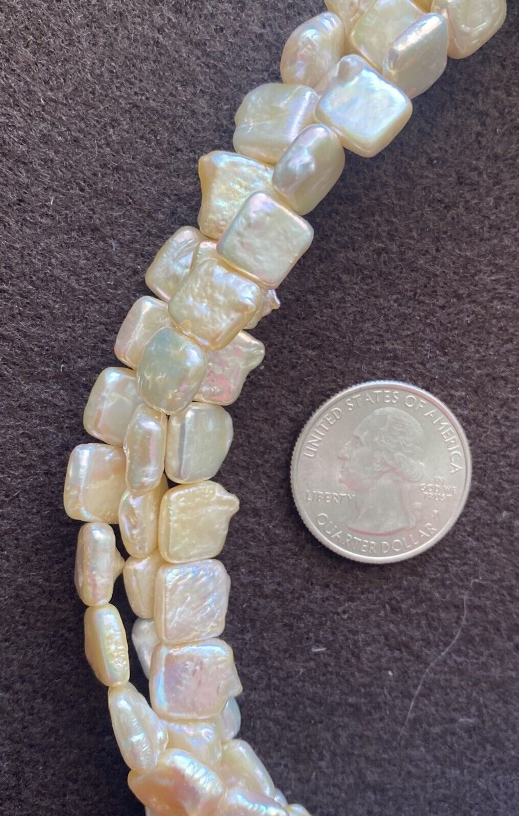 lridescent Off White Square Pearl Multi Strand Necklace Sterling Cones Clasp 19″