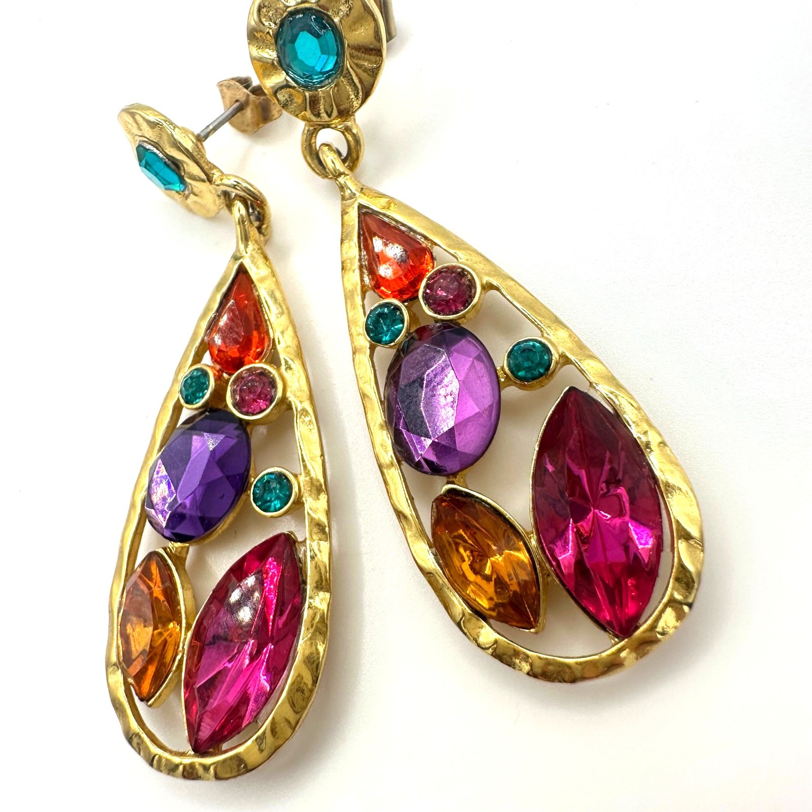 Vintage 1990s gold tone multicolor rhinestones dangle drop post earrings