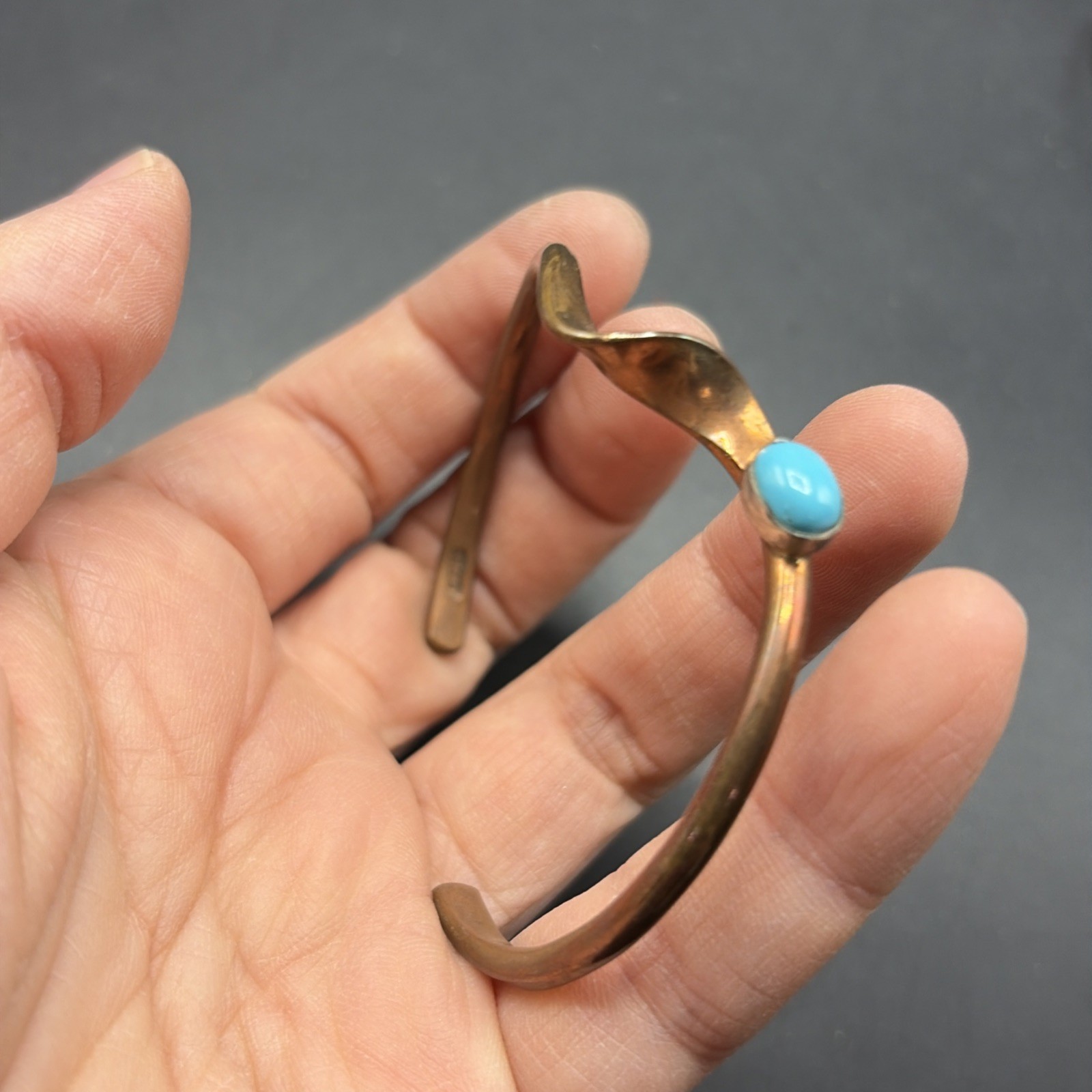 Vintage Copper Brass Turquoise Bracelet Cuff 2.5”W Wave Southwest Skeets Signed