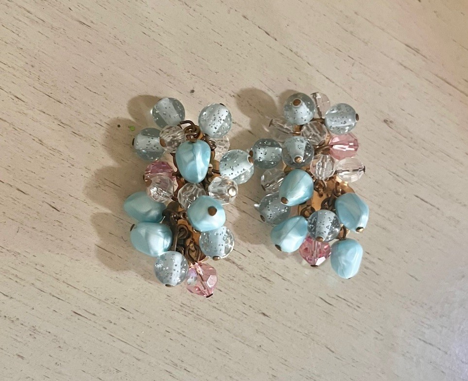Vintage Aqua Light Blue Pink Beaded Cluster Crystal Clip On Statement Earrings