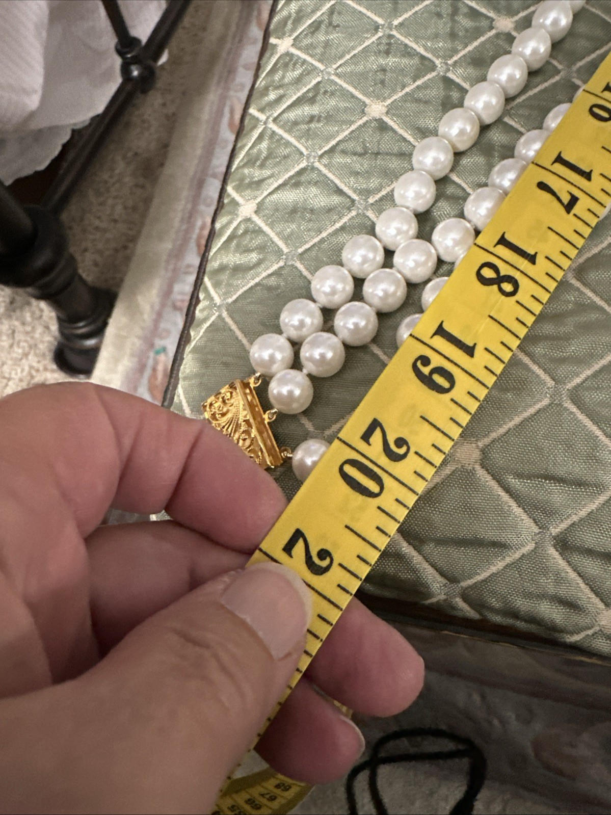 20” Three Strand 1cm Faux Pearl Necklace W Gold tone Closure