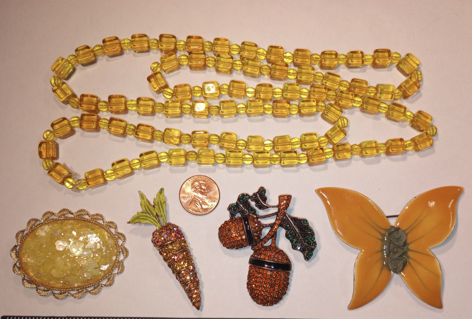 Vtg 5pc Lot FALL COLORS 1 Necklace 4 Brooch Enamel Butterfly Confetti ART Carrot