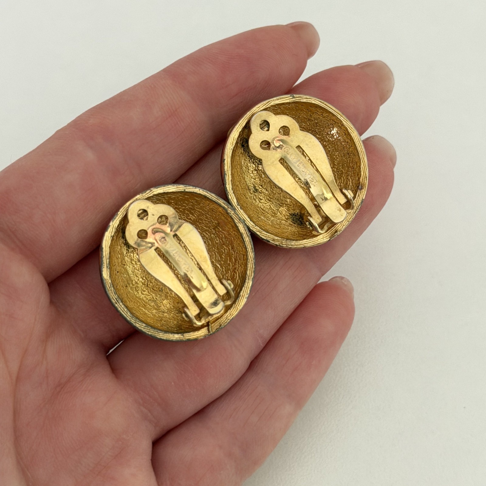 Vintage Gay Boyer Signed Green Blue Enamel Round Twist Clip On Earrings
