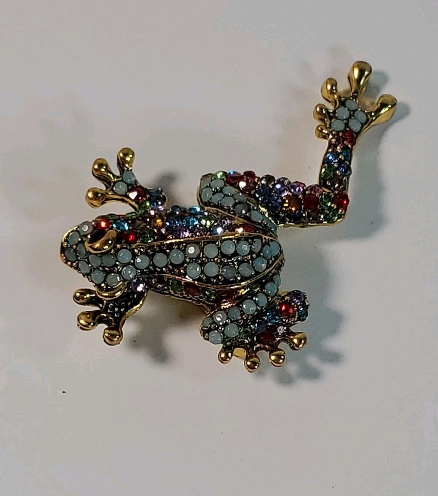 Jumping Frog Colorful Rhinestone Enamel Gold Tone Brooch Pin Jewelry 1.5″ X 2″