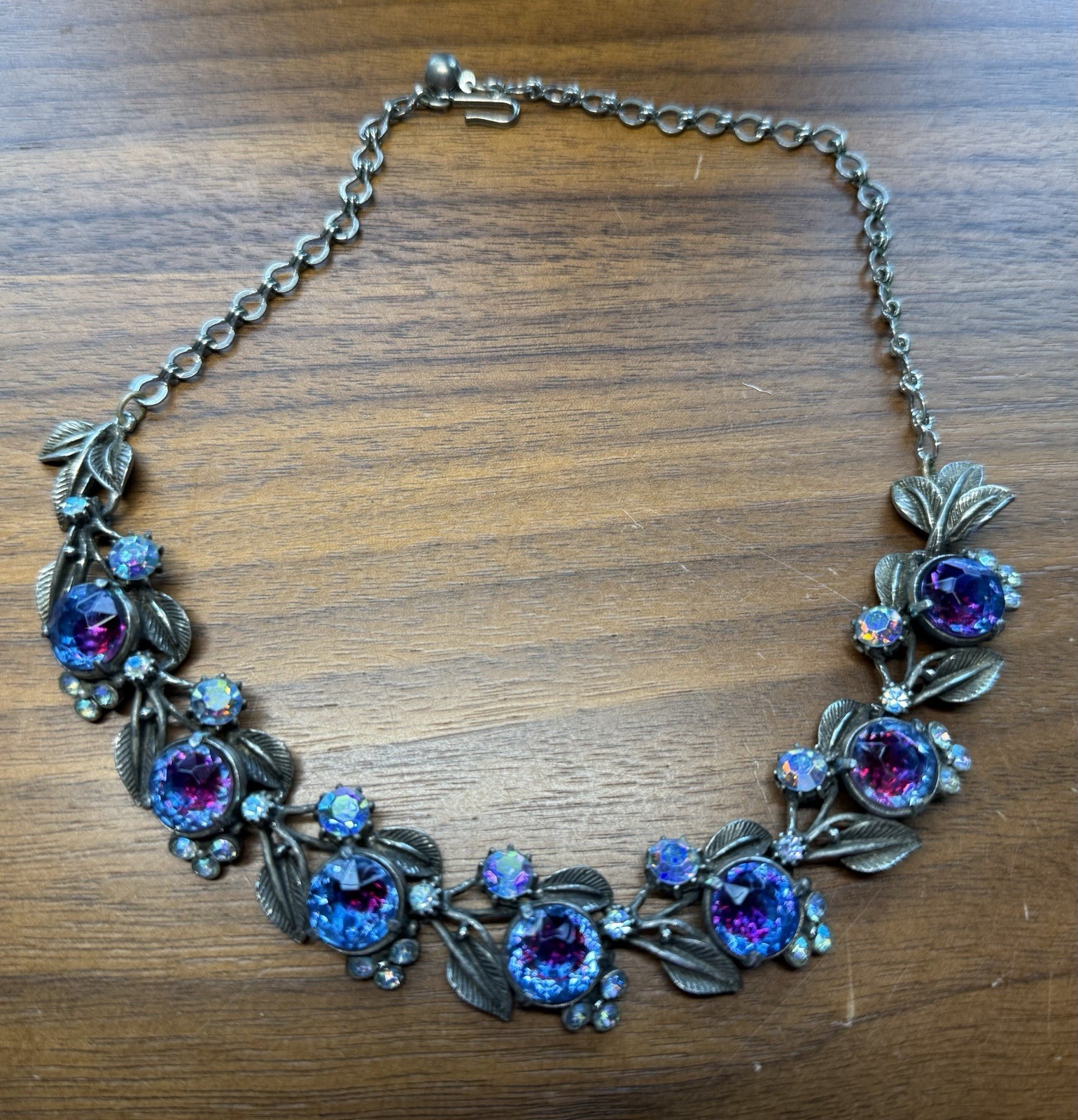 Vintage FLORENZA Blue Purple Peacock Vitrail Rhinestone Necklace Signed