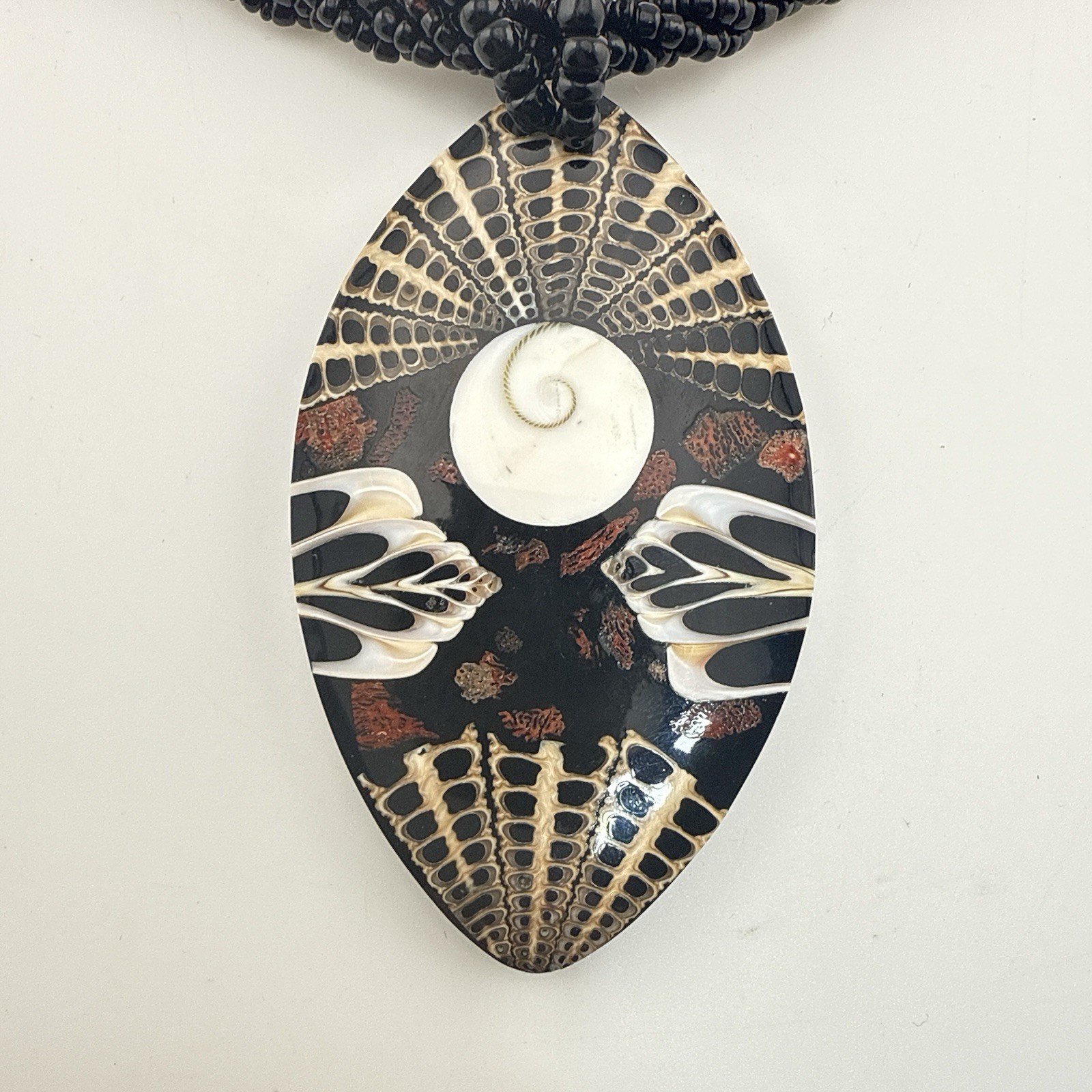 Sajen Necklace Onyx Inlay Beaded Shell Artisan Pendant Oval Black Artsy Tribal
