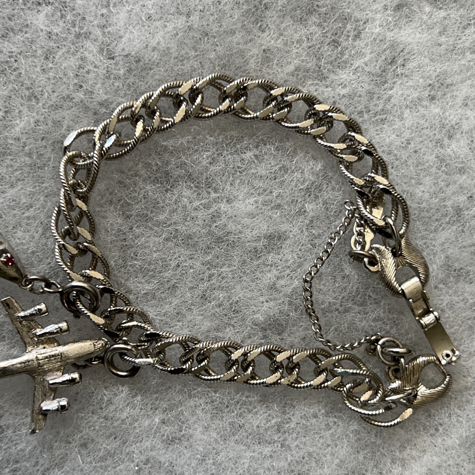Vintage Silvertone Monet Starter Charm Bracelet Two Charms Airplane Fish 7″