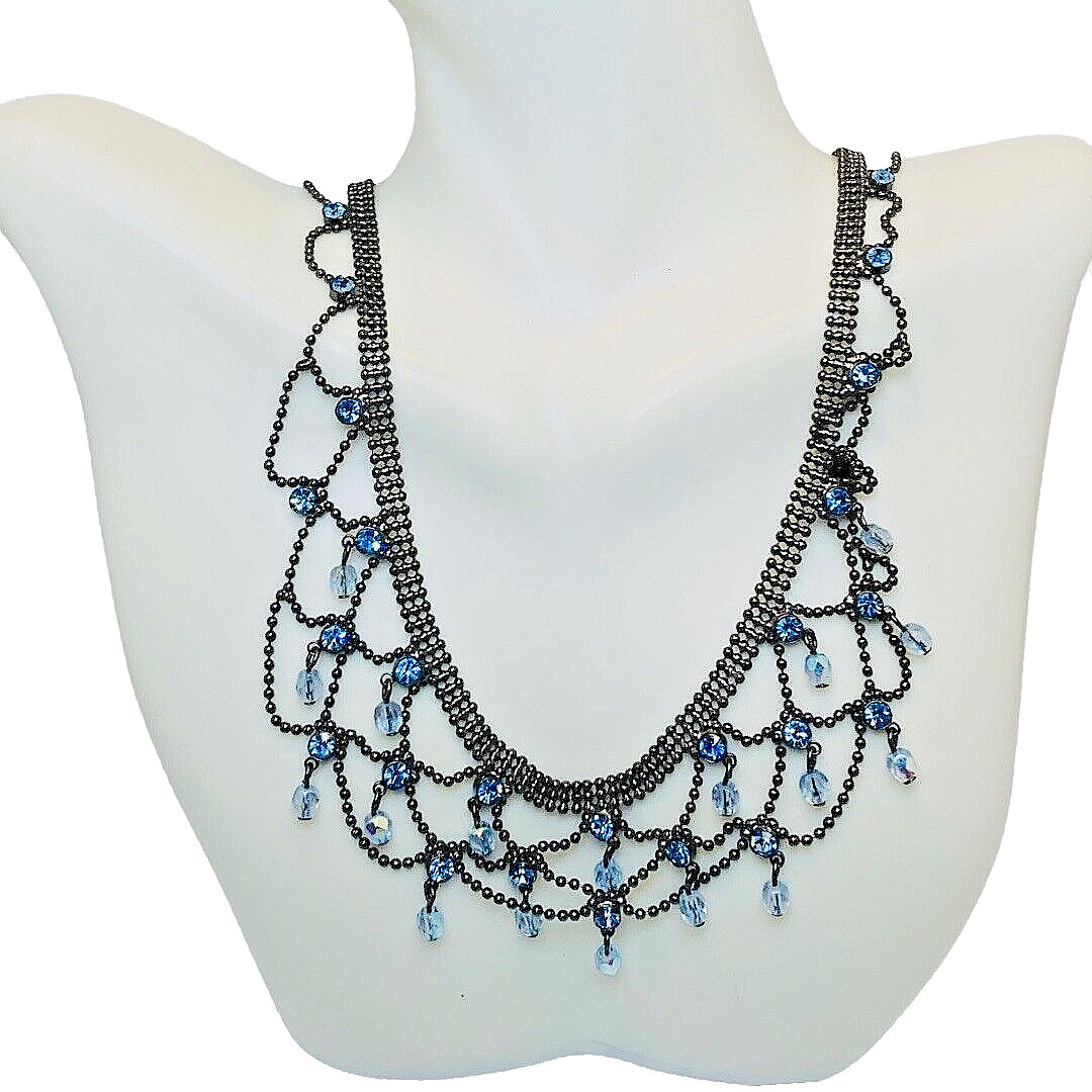 Lia Sophia Necklace Blue Rhinestone Lace 17.5″ Bead Formal Fringe Webbed