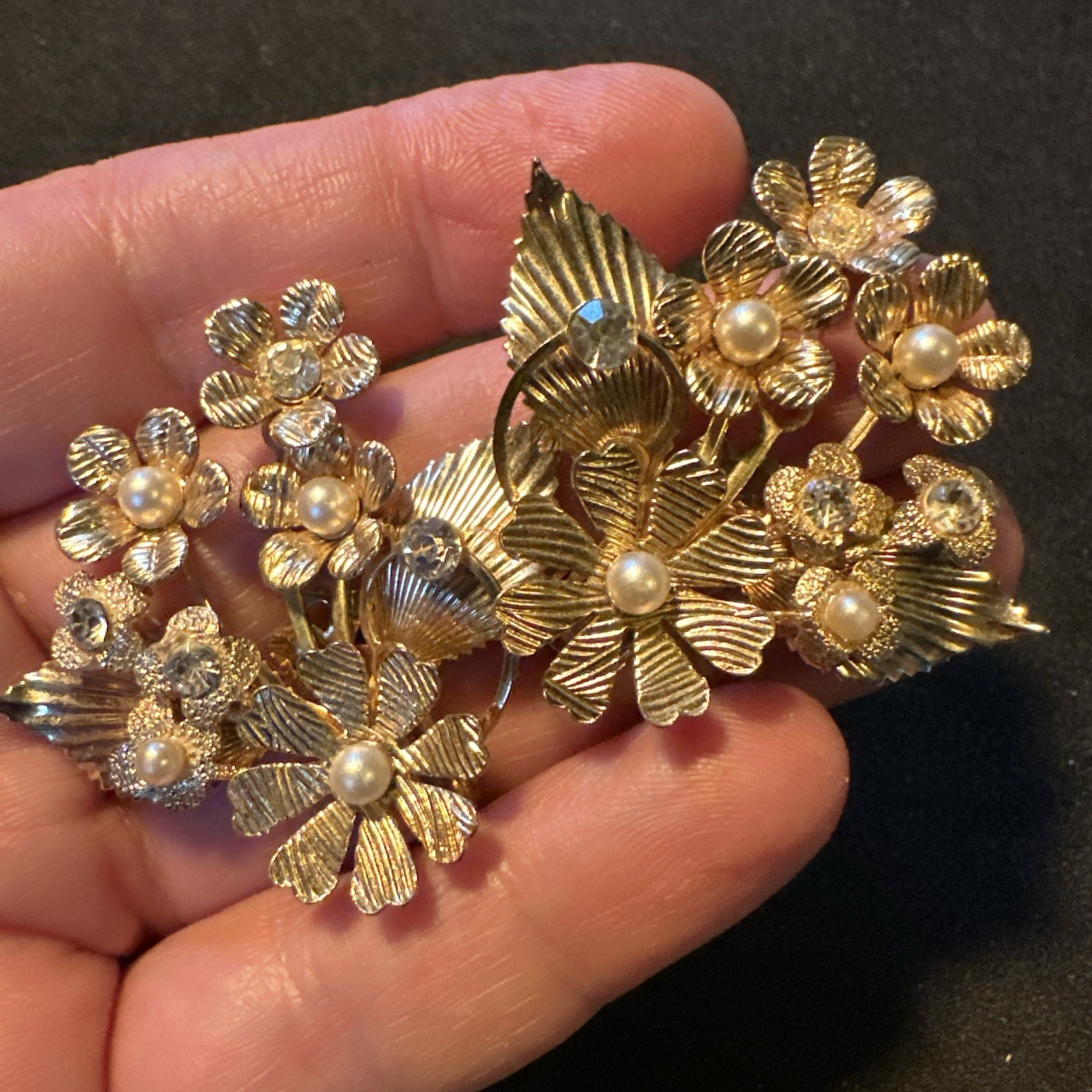Vintage MCM Coro Clip On Earrings Gold Tone Floral Cluster Faux Pearl Rhinestone