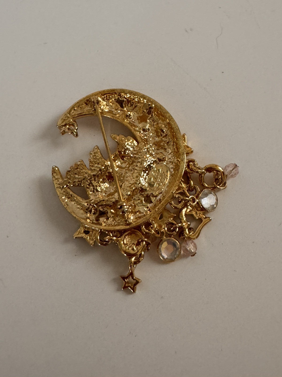 Vintage Kirks Folly Angel Cherub Moon & Stars Crystal Gold Tone Brooch Pin 2.5″
