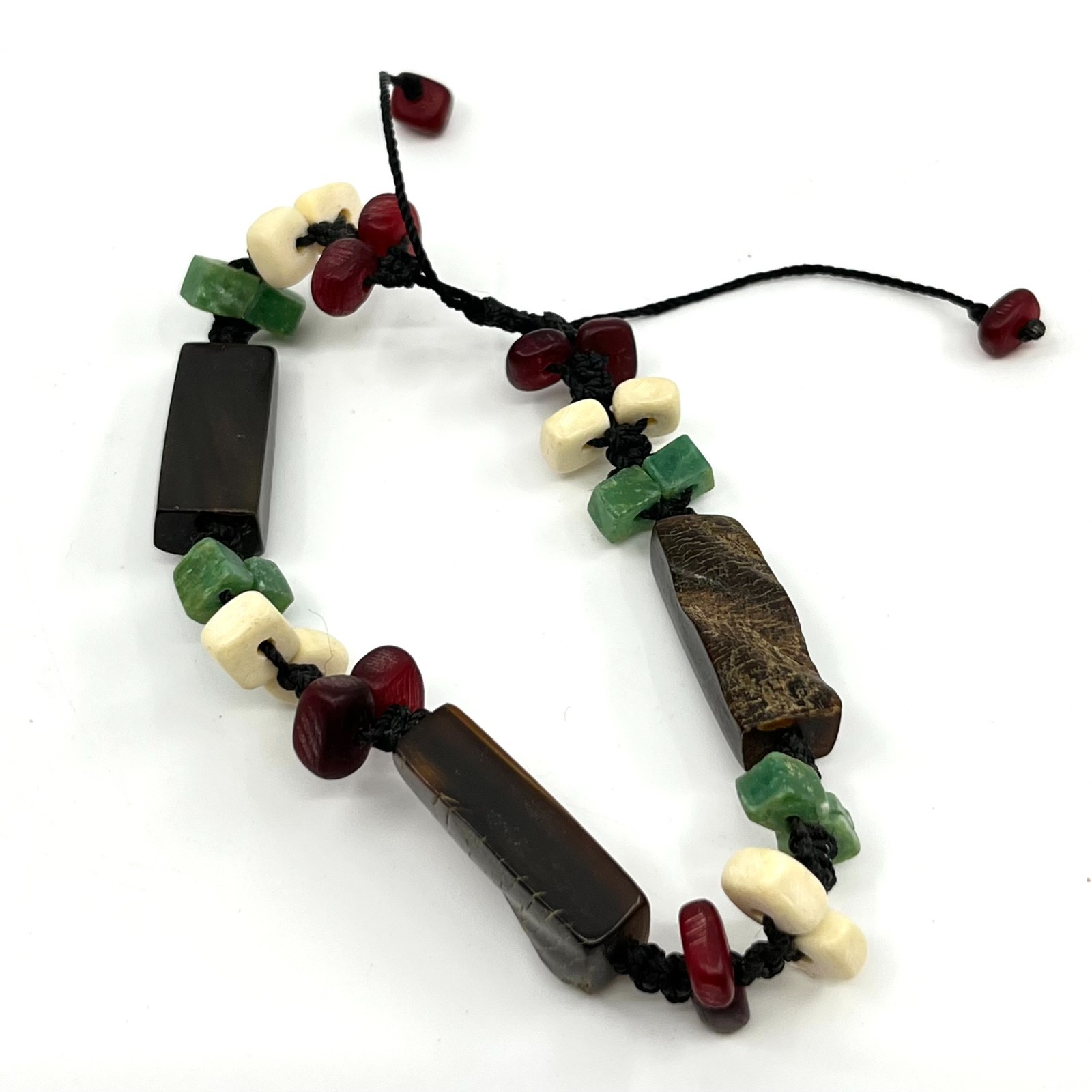Vintage Boho Mixed Stone & Wood Beaded Adjustable Cord Bracelet – Earthy Multi