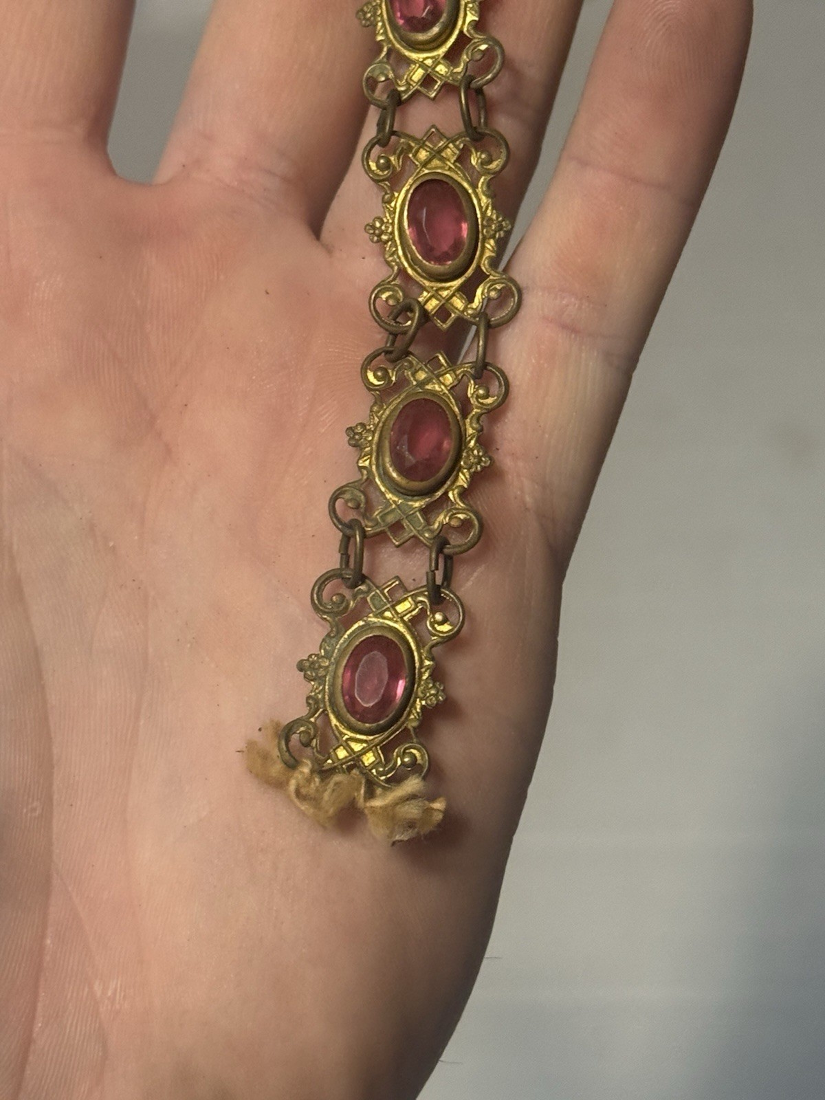 vintage Czechoslovakia filigree link bracelet pink stones No clasp