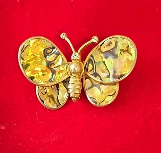 Abalone Paua Shell Jewelry vintage Butterfly Rhinestone Brooch Pin