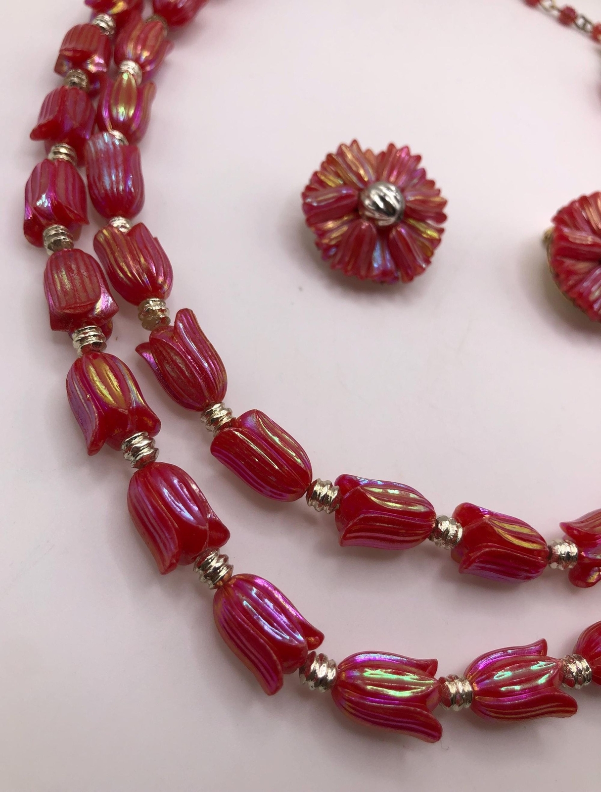 Vintage red iridescent tulip bead two strand necklace and earrings