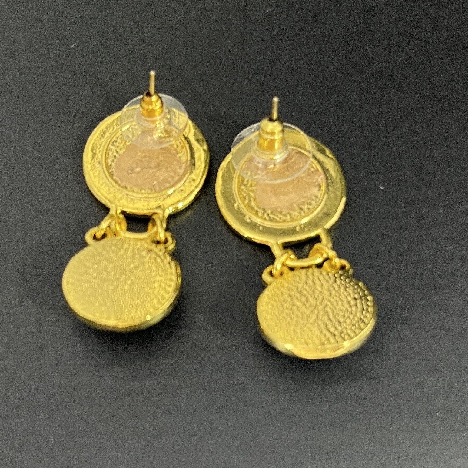 Gold Tone Etruscan Coin Dangle Earrings Blue Glass Cabochon Pierced Gripoix