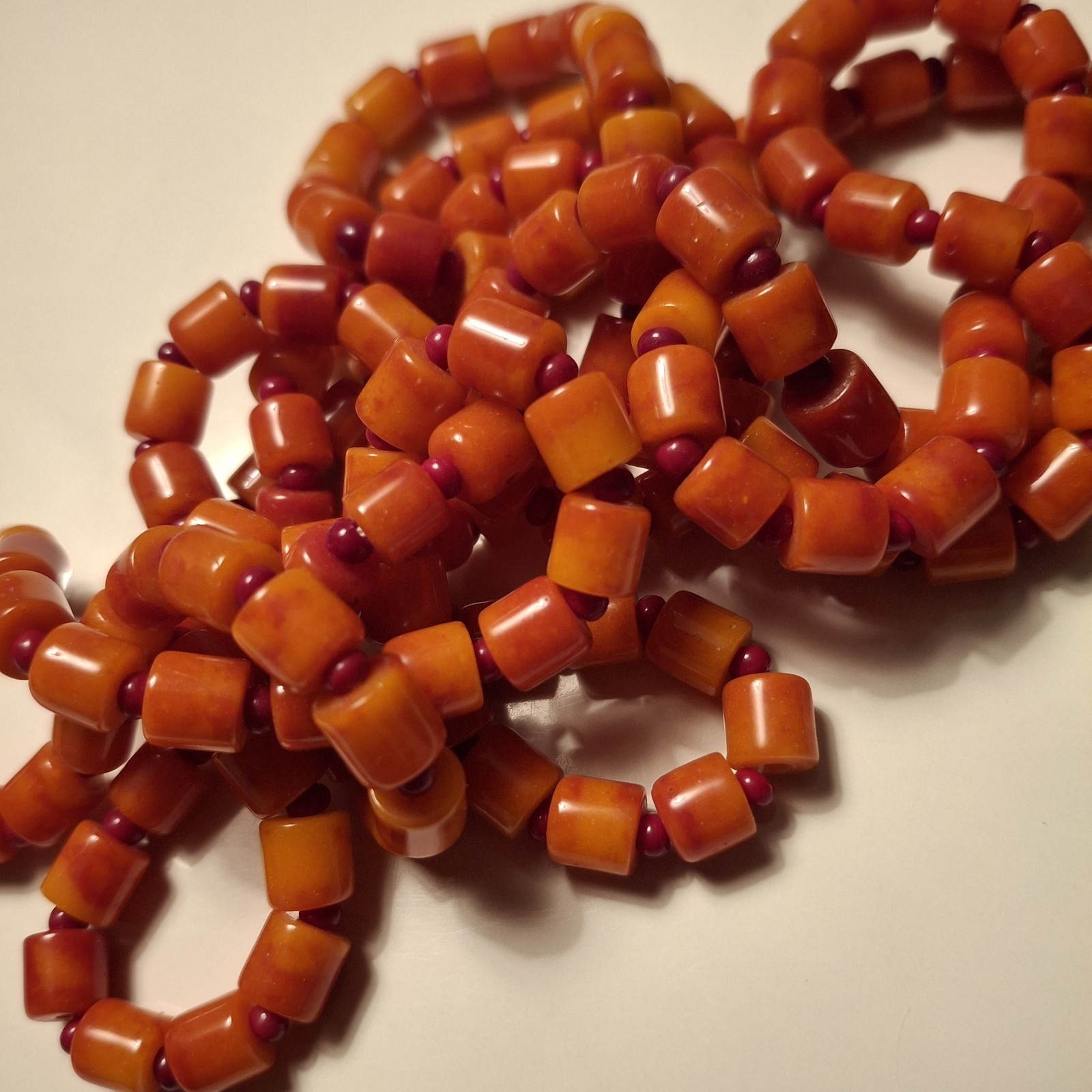 Vintage Necklace Genuine Orange Coral Barrel Red Glass Bead Spacers RARE 49″ ^