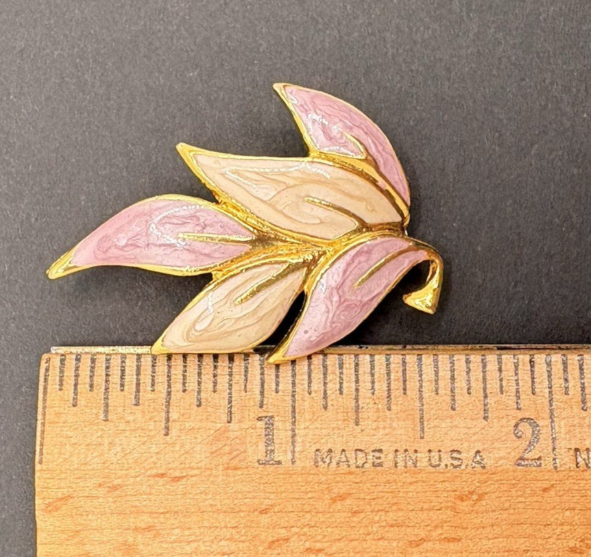 Vintage Pink & Cream Enamel Leaf Spray Brooch Gold Tone Edges Nature Glam