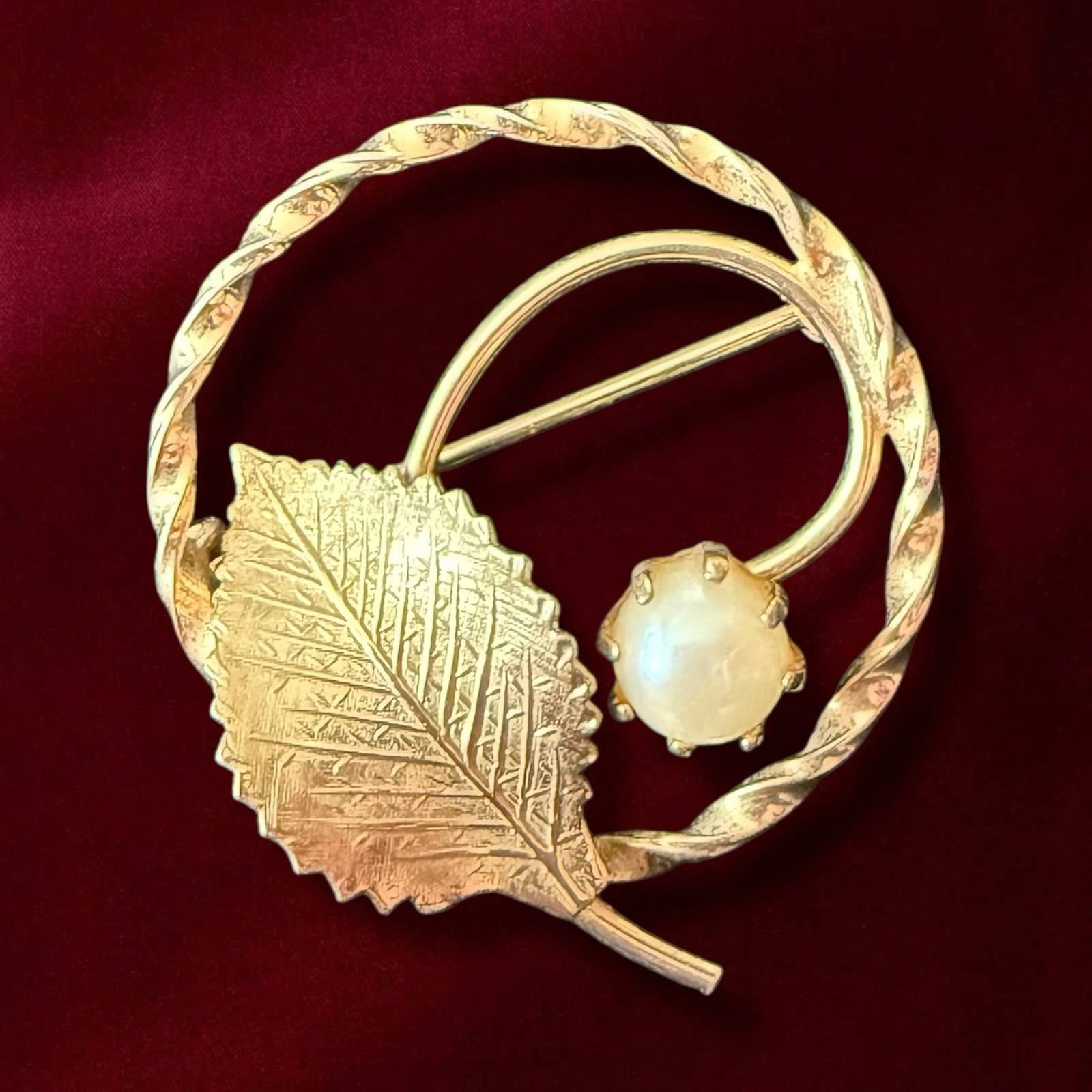 Gold Filled Leaf Brooch Cultured Pearl Pin Mid Century 1950s 12K GF Signed AC