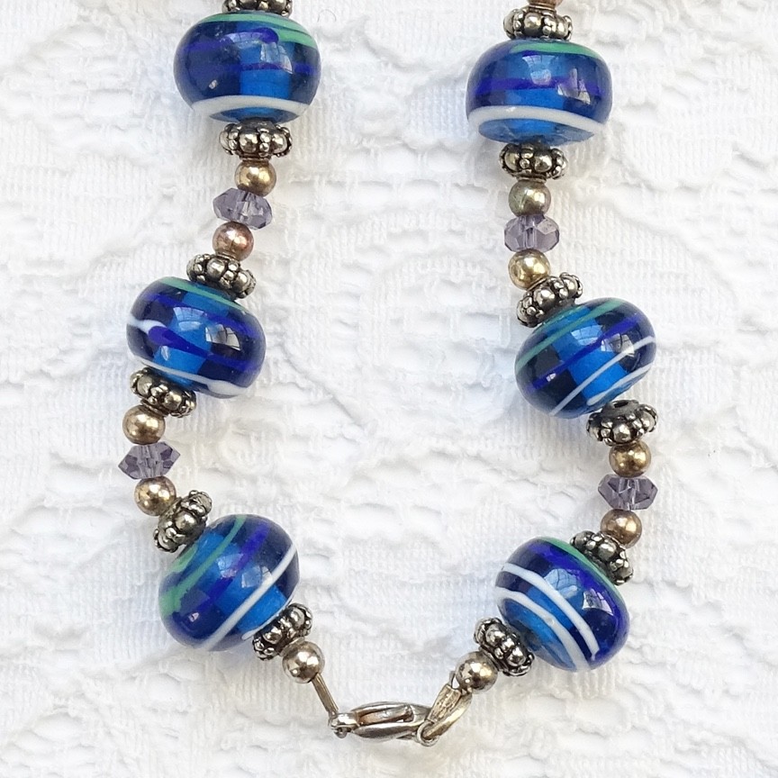 Artisan Lampwork Blue Art Glass Bead Necklace 23” Purple Green White Stripe 23″