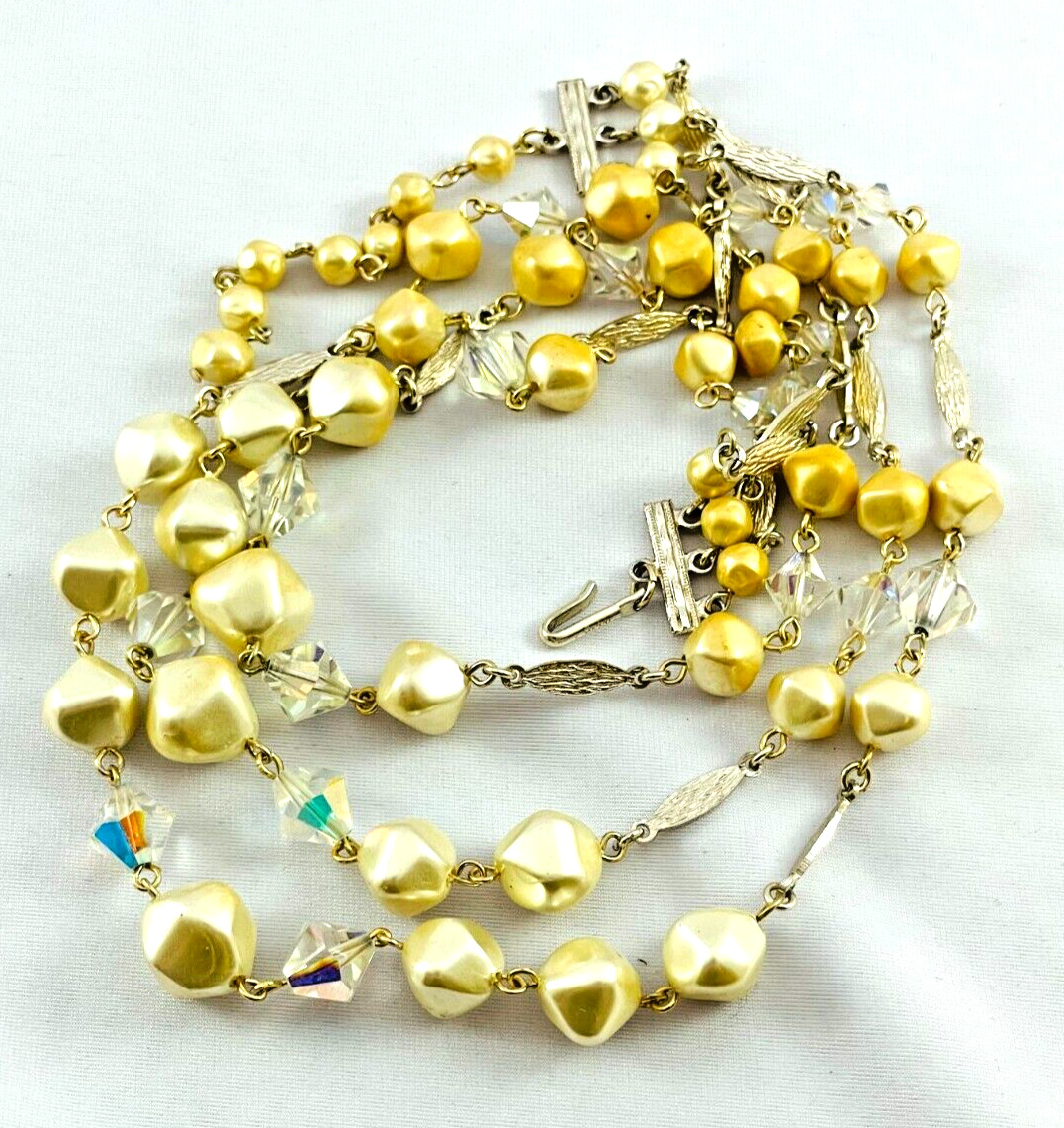 Vtg Multi Strand Faux Pearl Bicone Crystal Silver Tone Necklace Japan