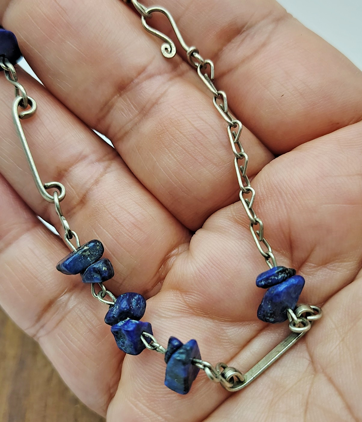 Vintage Iolite Lapis Lazuli Gemstone Beads Artisan Chain Bracelet Hook Clasp 8″