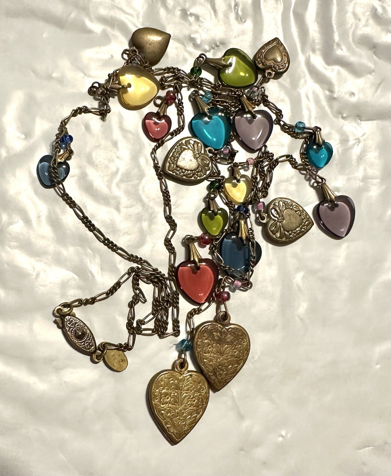 Vintage Glass Works Studio Glass & Brass Heart Charms Multi Color Necklace