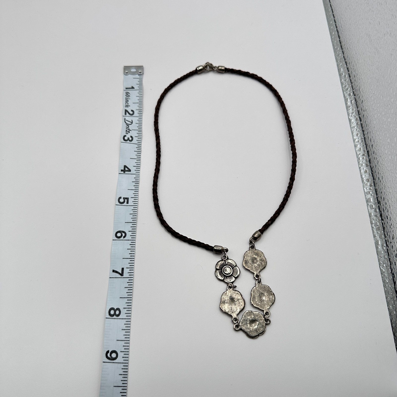 Vintage Y2K Floral Silver Tone Brown Braided Leather Cord Bib Necklace Jewelry