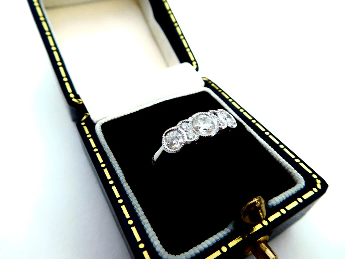 1 Ctw White Round Simulated Diamond Three Stone Art Deco Style 925 Silver Ring