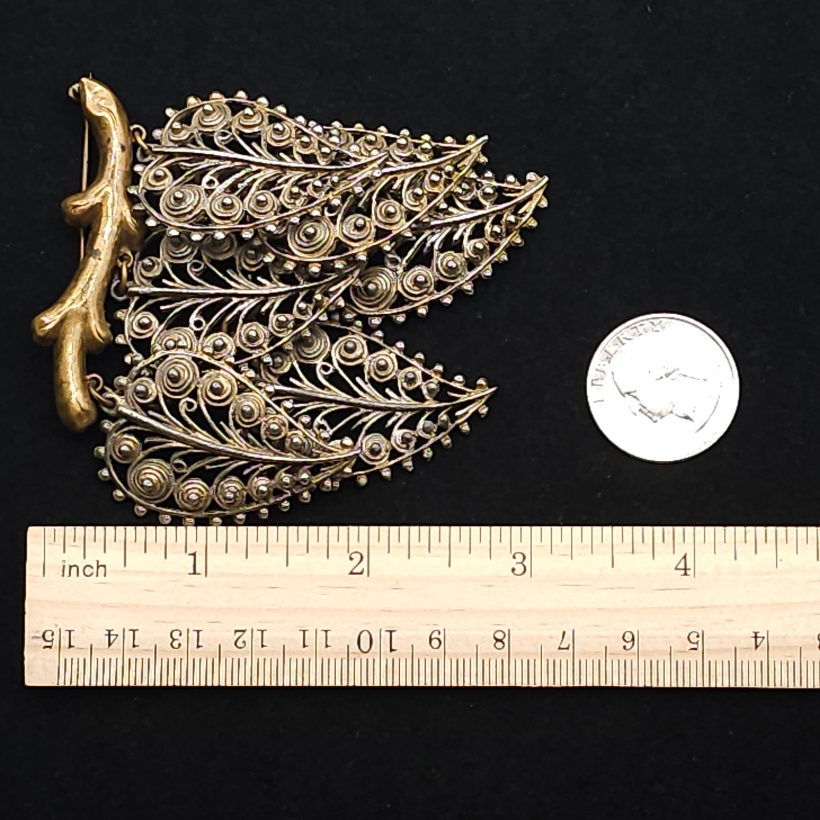 Vintage Filigree Dangle Leaf Brooch Statement Nature Gold & Silver Tone Ornate