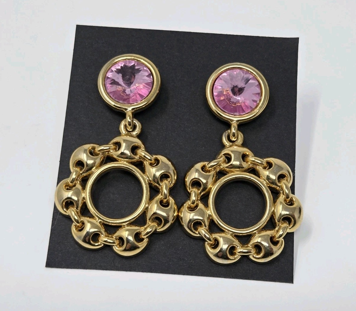 Gold Tone & Pink Acrylic Rhinestone Dangle Drop Hoop Earrings Vintage 1.7 Inches